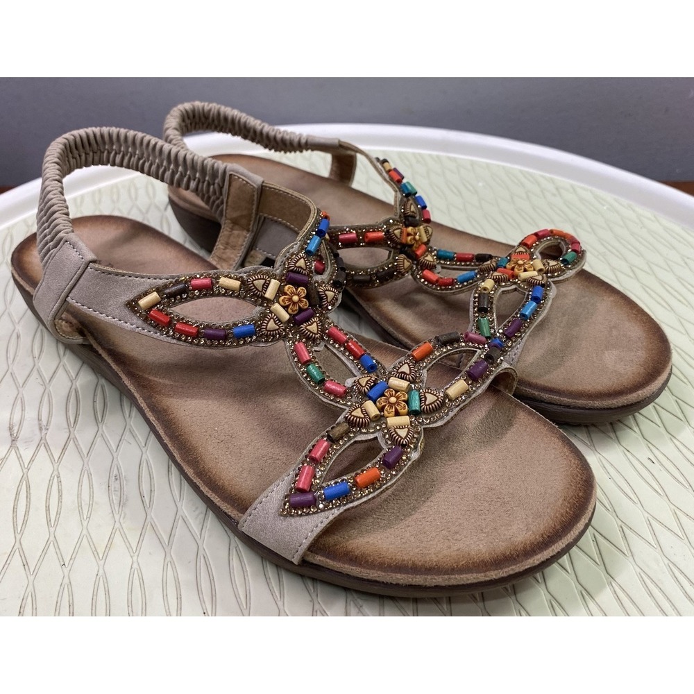 Patrizia Women's Volcanic T Strap‎ Slingback Sandals Taupe Beaded Sandals 8M